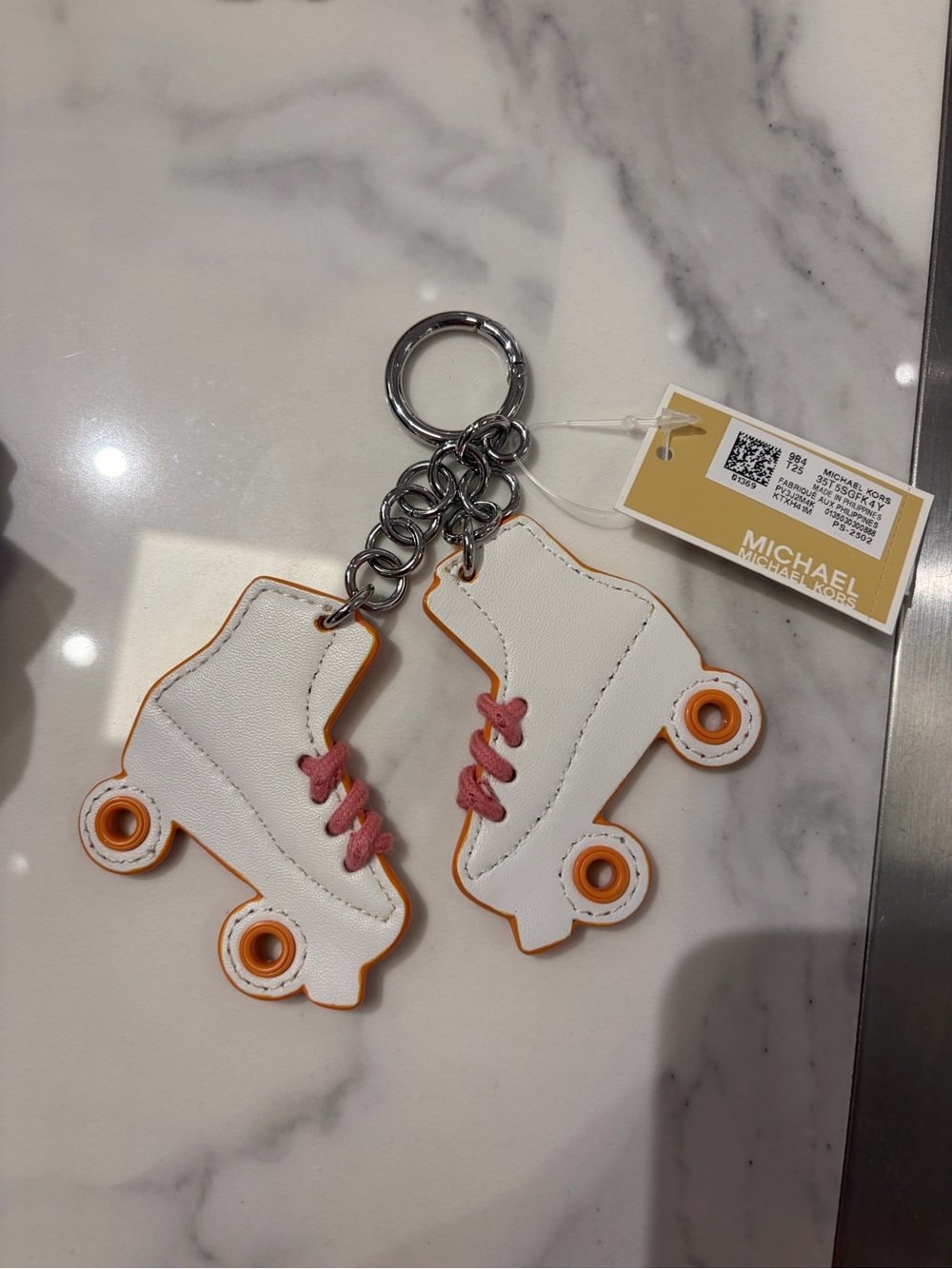 MICHAEL KORS White Roller Skate Keychain Charm with Orange Trim & Pink Laces